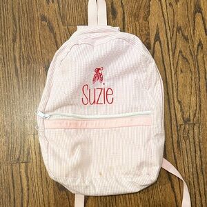 By Mint - SUZIE Personalized Pink Seersucker Backpack with Red ballet shoes
